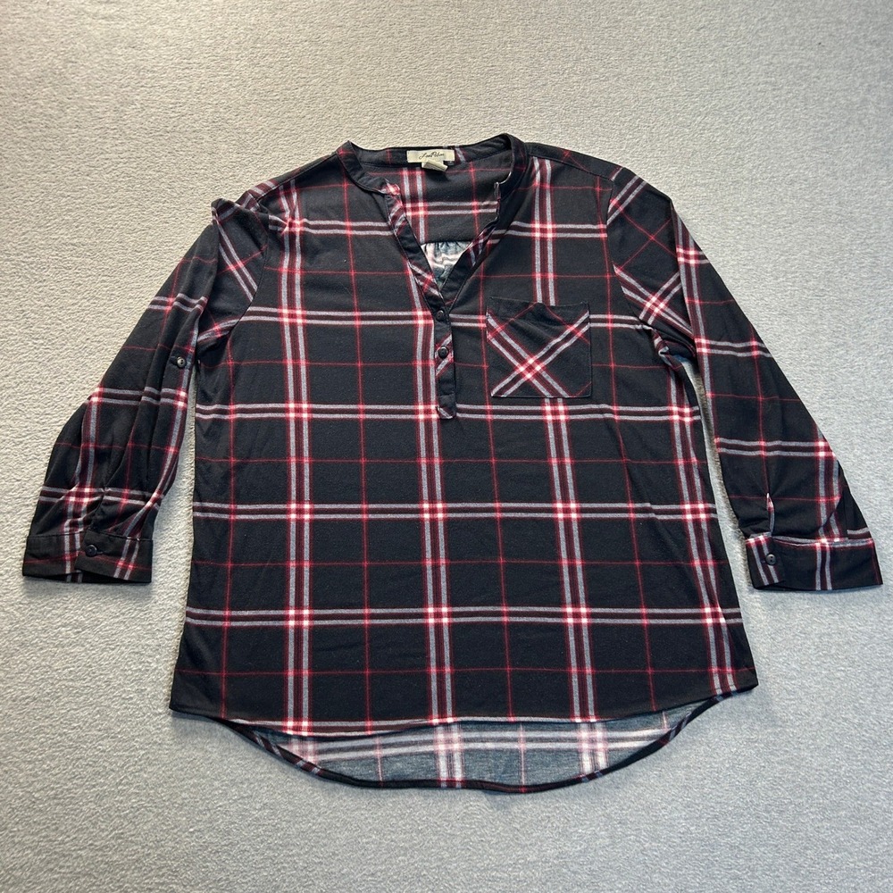 Love Potion 3/4 Sleeve Henley Tunic Blouse Womens Large Black Red Plaid Casual